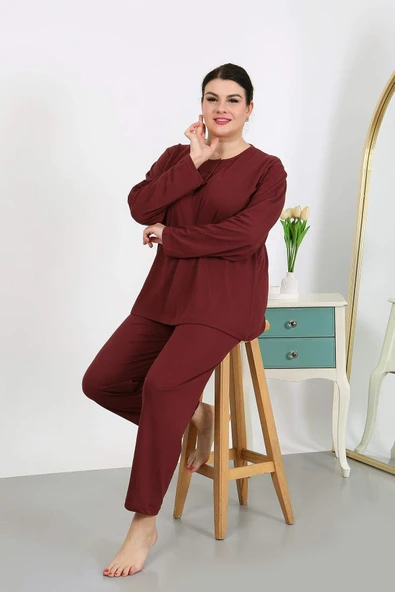 Kadın Büyük Beden Uzun Kol Penye Pijama Takımı Bordo 202501 - 3
