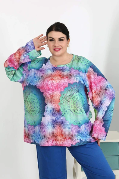Kadın Büyük Beden Uzun Kol Penye Pijama Takımı Saks 202503
