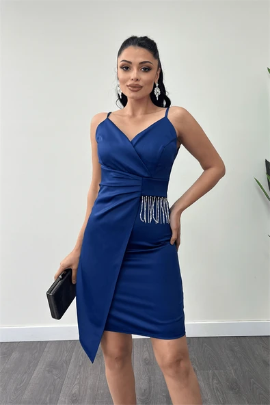 Saten Kumaş Boncuk Detaylı Elbise - LACİVERT - 3