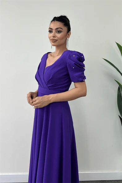 Atlas Kumaş Balon Kol İnci Detaylı Midi Elbise - MOR - 3