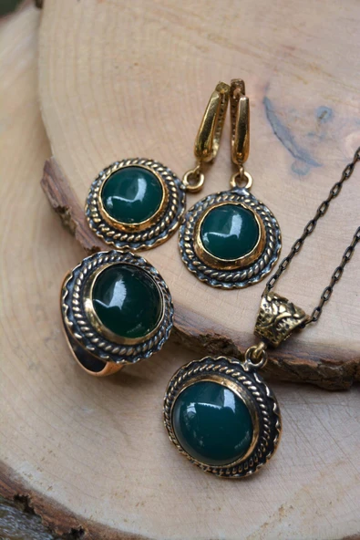JEWELLERY Yeşil Akik Doğal Taş Tam Set