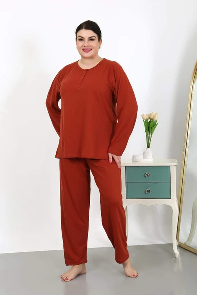 Kadın Büyük Beden Uzun Kol Penye Pijama Takımı Kiremit 202501 - 4