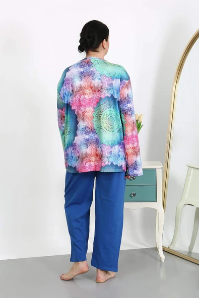 Kadın Büyük Beden Uzun Kol Penye Pijama Takımı Saks 202503 - 5