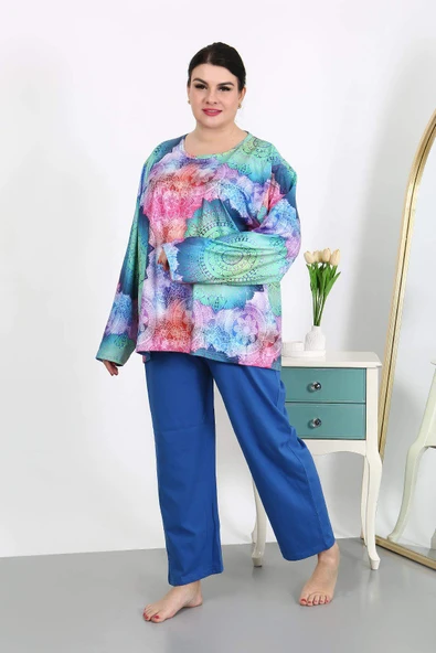 Kadın Büyük Beden Uzun Kol Penye Pijama Takımı Saks 202503 - 4