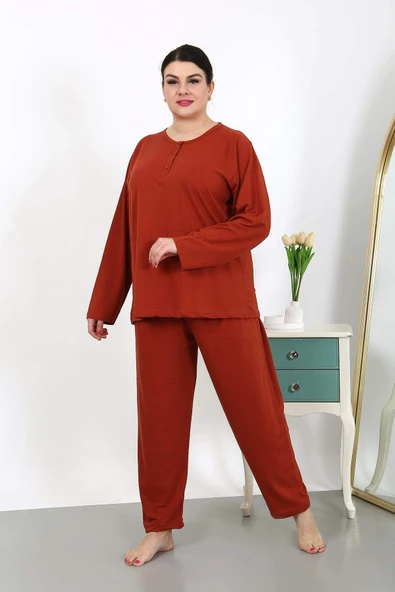 Kadın Büyük Beden Uzun Kol Penye Pijama Takımı Kiremit 202501 - 3