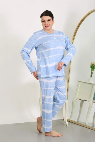 Kadın Büyük Beden Uzun Kol Penye Pijama Takımı Mavi 202502 - 5