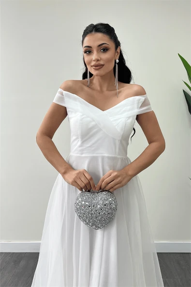 Organze Kumaş Kayık Yaka Prenses Elbise - BEYAZ - 4