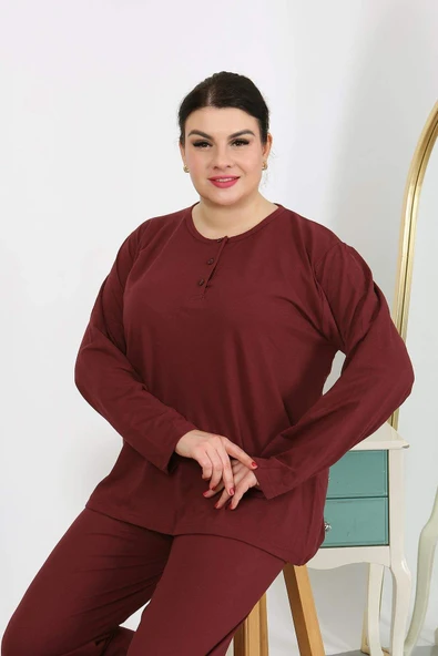 Kadın Büyük Beden Uzun Kol Penye Pijama Takımı Bordo 202501 - 4