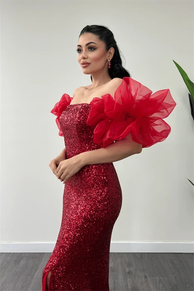 Pul Payet Kumaş Kol Detaylı Abiye Elbise - KIRMIZI - 4