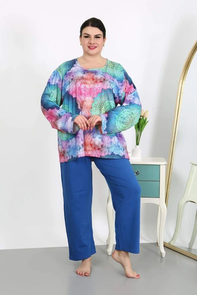 Kadın Büyük Beden Uzun Kol Penye Pijama Takımı Saks 202503 - 3
