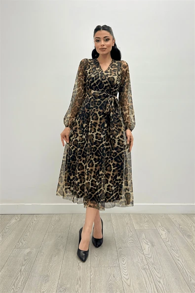 Tül Kumaş V Yaka Midi Elbise - LEOPAR - 2