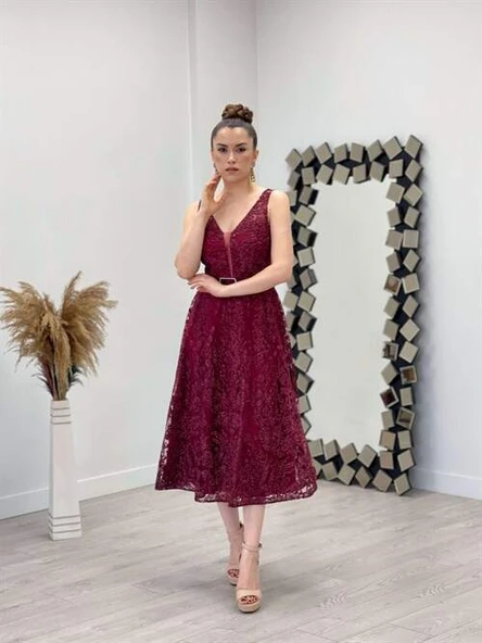 Simli Kumaş Kalın Askılı Midi Elbise - BORDO - 2