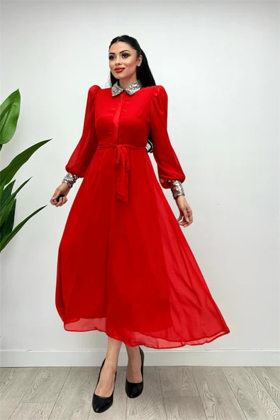 Şifon Kumaş Payet Detaylı Midi  Elbise - KIRMIZI - 4