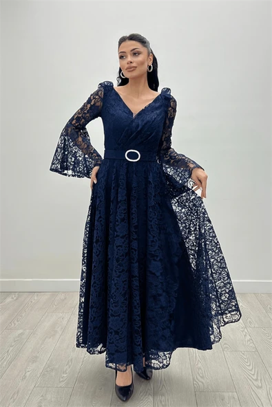 Dantel Kumaş Kolları Volan Detaylı - LACİVERT - 3