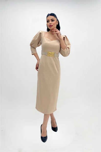 Krep Kumaş Kalp Yaka Kalem Elbise - KREM - 4