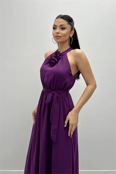 Şifon Kumaş Beli Lastikli Midi Elbise - PATLICAN MOR - 4