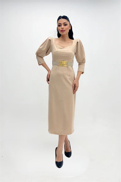 Krep Kumaş Kalp Yaka Kalem Elbise - KREM - 3