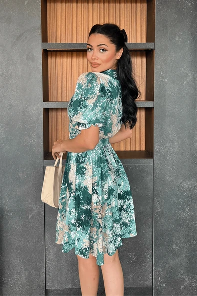 Kruvaze Yaka Beli Lastikli Mini Elbise - YEŞİL - 5