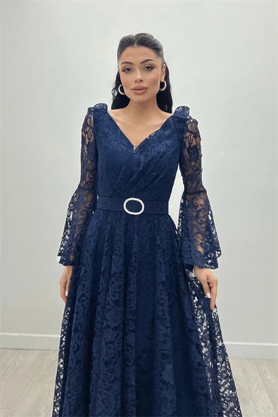 Dantel Kumaş Kolları Volan Detaylı - LACİVERT - 2
