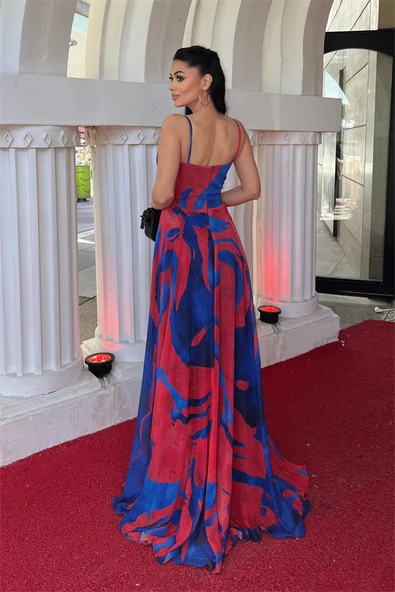 Organze Sifon Kumaş Desenli Maxi Elbise - SAKS MAVİ - 5
