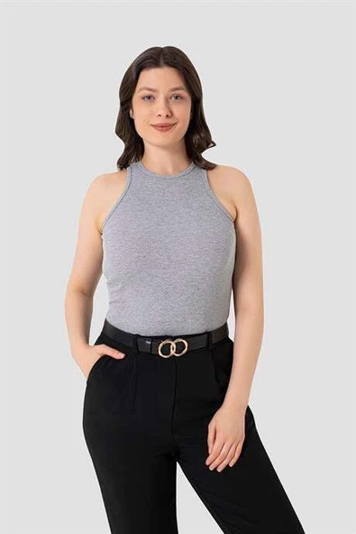 Kadın Pamuklu Fitilli Görünümlü Halter Yaka Basic Gri Atlet 2'li Paket