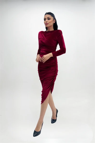 Kadife Kumaş Büzgü Detaylı Abiye Elbise - BORDO - 4