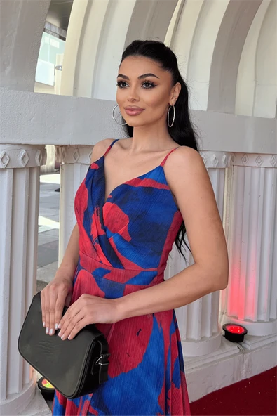 Organze Sifon Kumaş Desenli Maxi Elbise - SAKS MAVİ - 4