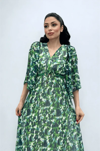 Şifon Kumaş Yarasa Kol Midi Elbise - YEŞİL - 3