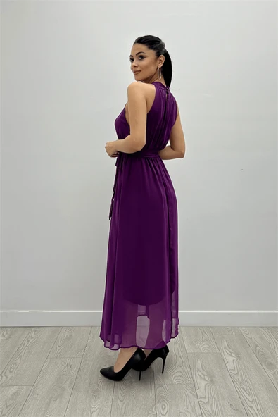 Şifon Kumaş Beli Lastikli Midi Elbise - PATLICAN MOR - 5