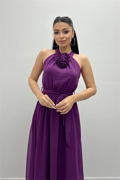 Şifon Kumaş Beli Lastikli Midi Elbise - PATLICAN MOR - 3