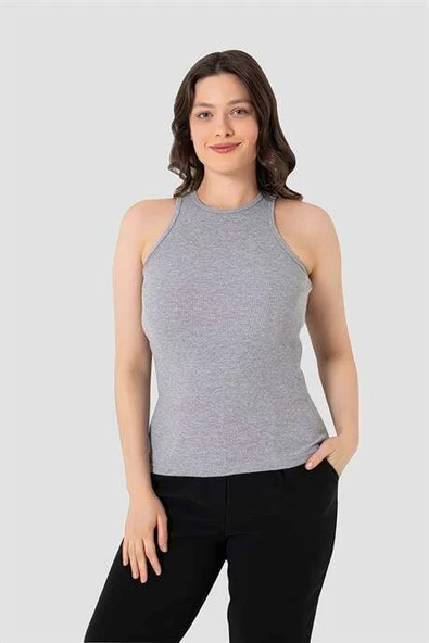 Kadın Pamuklu Fitilli Görünümlü Halter Yaka Basic Gri Atlet 2'li Paket - 3