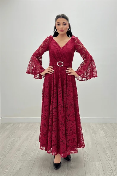Dantel Kumaş Kolları Volan Detaylı - BORDO - 3