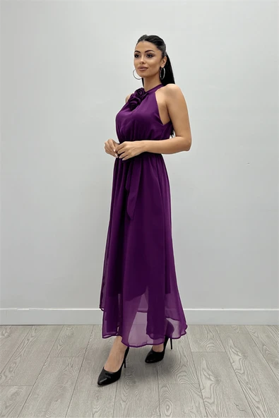 Şifon Kumaş Beli Lastikli Midi Elbise - PATLICAN MOR - 2