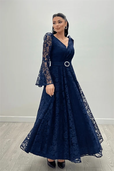 Dantel Kumaş Kolları Volan Detaylı - LACİVERT - 5