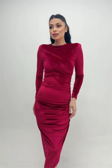Kadife Kumaş Büzgü Detaylı Abiye Elbise - BORDO - 2