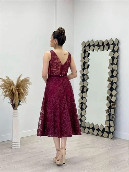 Simli Kumaş Kalın Askılı Midi Elbise - BORDO - 5