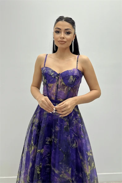 Organze Kumaş Askılı Midi Elbise - MOR - 3