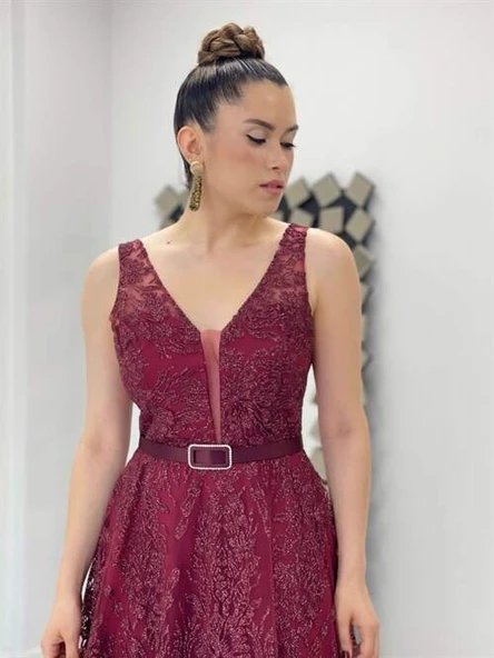 Simli Kumaş Kalın Askılı Midi Elbise - BORDO - 3