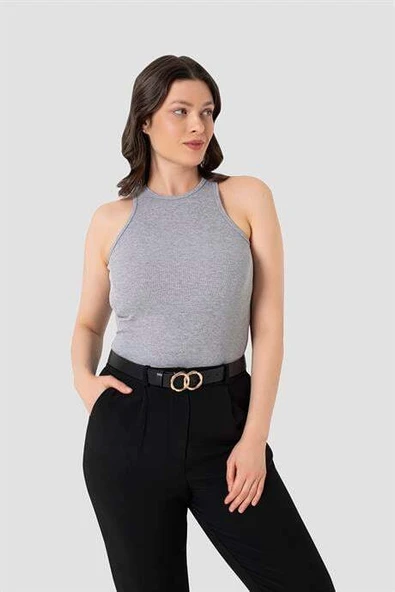 Kadın Pamuklu Fitilli Görünümlü Halter Yaka Basic Gri Atlet 2'li Paket - 2