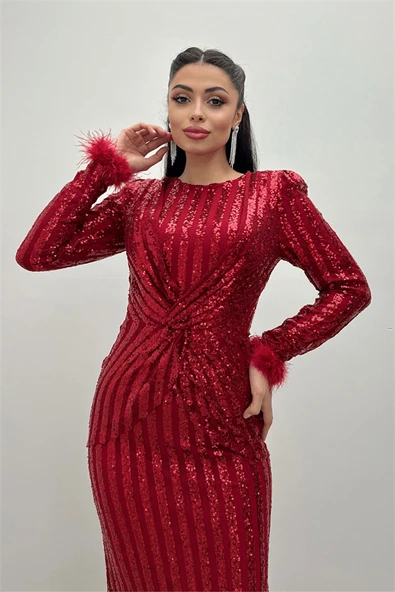 Tül Payet Kumaş Kolları Otris Detaylı Balık Elbise - KIRMIZI - 3