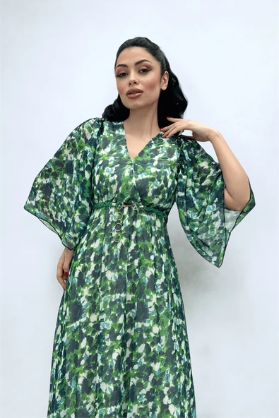 Şifon Kumaş Yarasa Kol Midi Elbise - YEŞİL