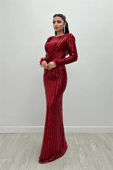 Tül Payet Kumaş Kolları Otris Detaylı Balık Elbise - KIRMIZI - 2