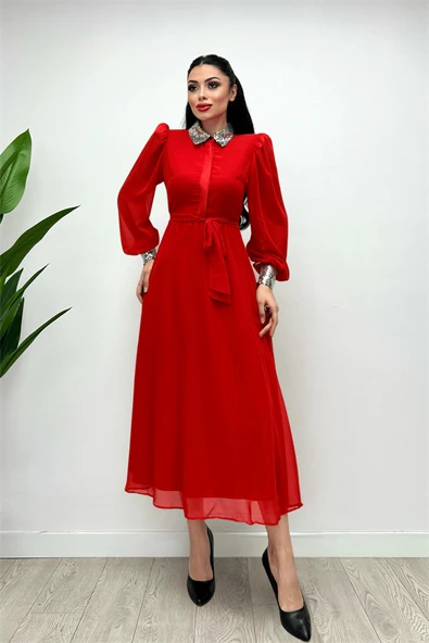Şifon Kumaş Payet Detaylı Midi  Elbise - KIRMIZI - 6