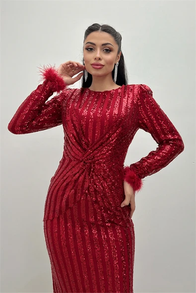 Tül Payet Kumaş Kolları Otris Detaylı Balık Elbise - KIRMIZI - 3