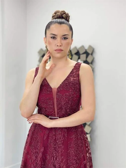 Simli Kumaş Kalın Askılı Midi Elbise - BORDO - 4