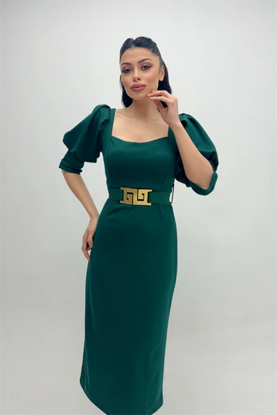 Krep Kumaş Kalp Yaka Kalem Elbise - ZÜMRÜT YEŞİL - 2
