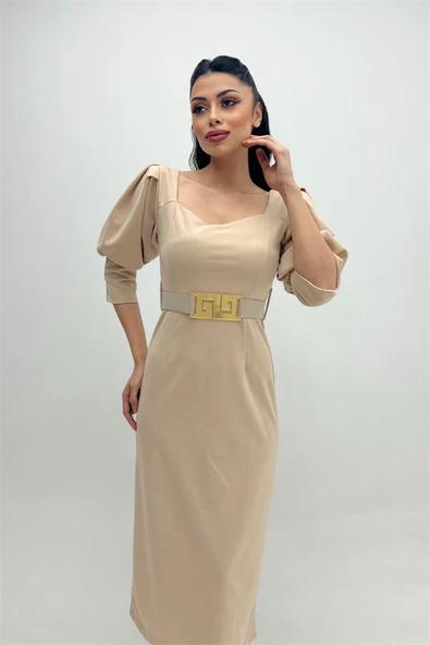 Krep Kumaş Kalp Yaka Kalem Elbise - KREM - 2