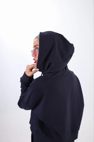 Iki Iplik Kapüşonlu Fermuarlı Crop Oversize Hırka Takım- Lacivert - 3