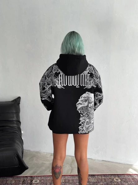 Kışlık Üç İplik Baskılı Kapşonlu SweatShirt - Siyah - 2