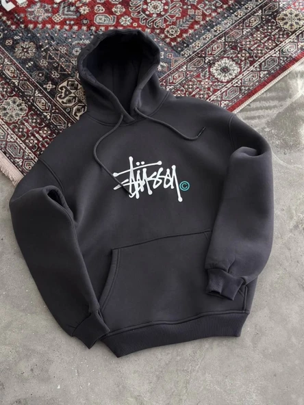 Üç İplik Kapşonlu Baskılı SweatShirt - Füme - 4